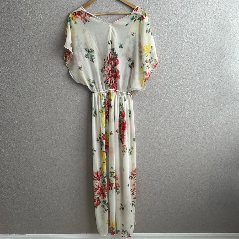 Zara sheer cream floral short sleeve coverup‎ maxi kimono duster